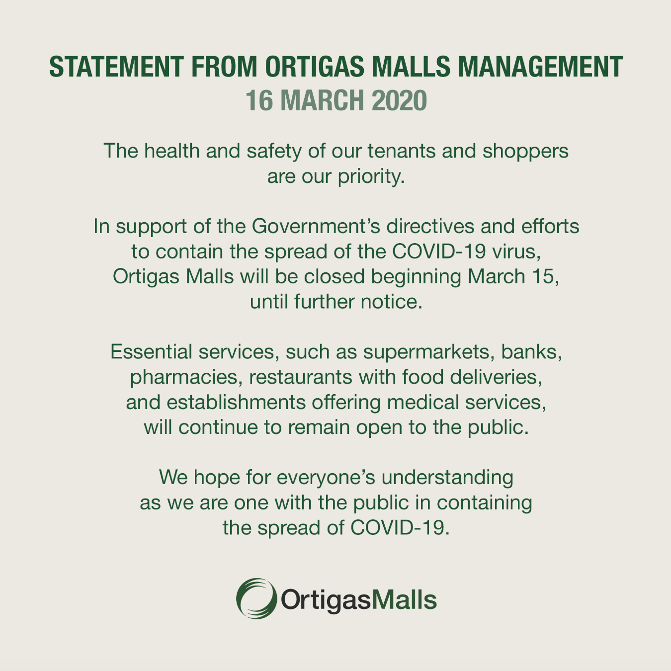 Adjusted Mall Hours of Ortigas Malls